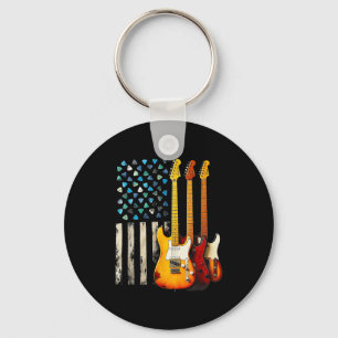 Rock N Roll Electric Guitar Retro Usa American Fla Key Ring