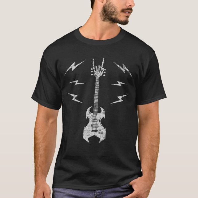 Rock N Roll Electric Guitar Skeleton Rock Hand T-Shirt (Front)