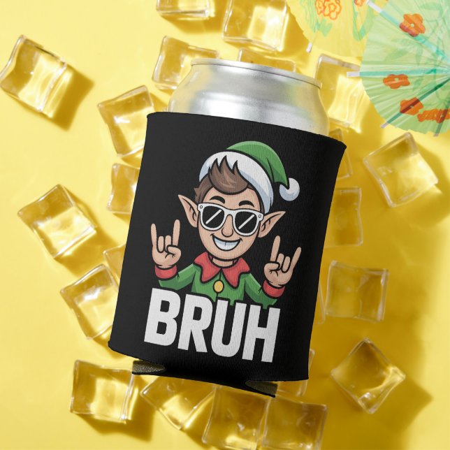 Rock n Roll Elf Bruh Funny Saying Meme Christmas  Can Cooler (In Situ Summer)