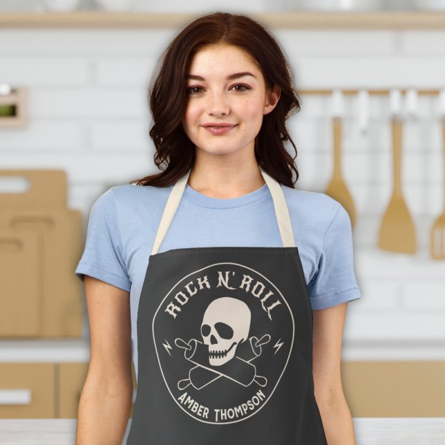 "Rock n' Roll" Funny Baking Chef's  Apron (Rock n roll funny women or mens apron customizable name baker cook chef gift bbq housewarming)