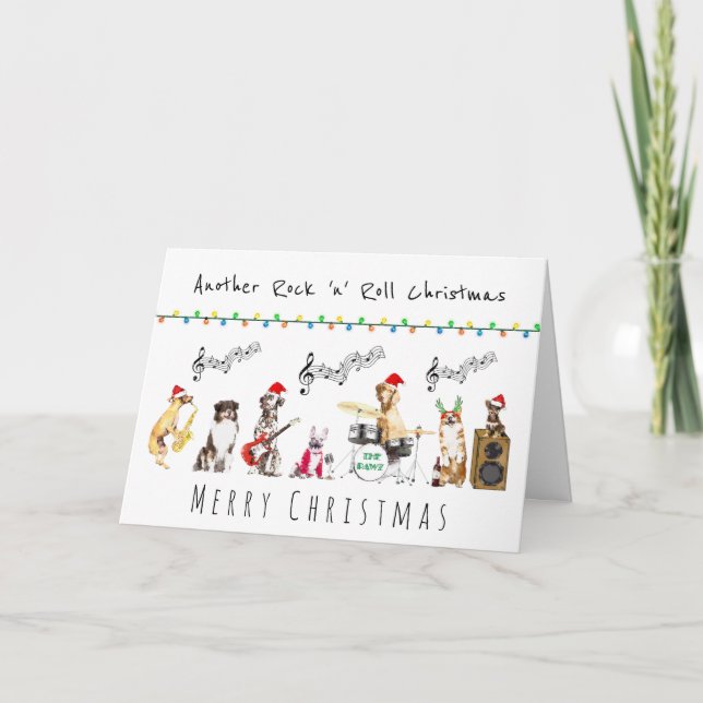 Rock n roll merry christmas musical dog rock band card (Front)