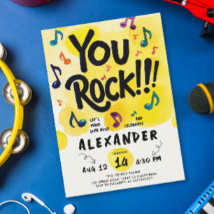 Rock N Roll Music Yellow Watercolor Birthday Party Invitation