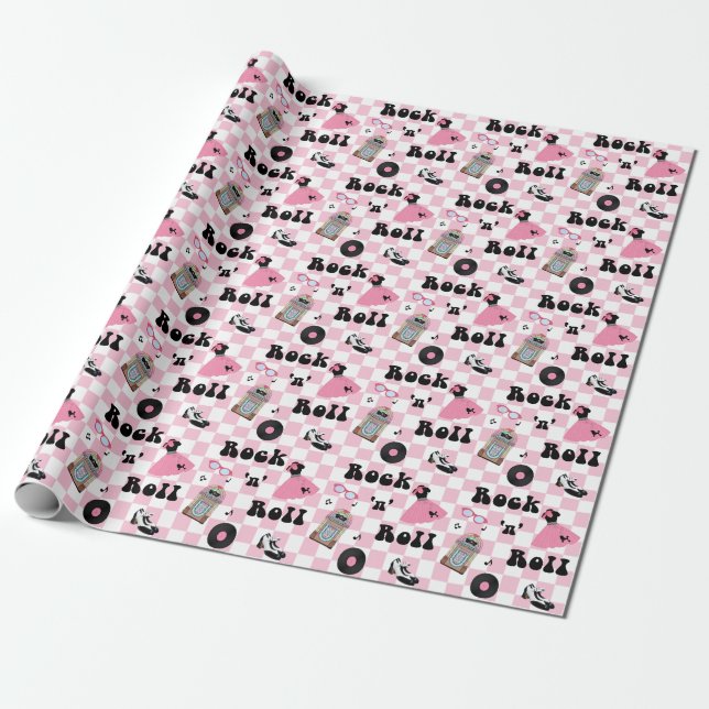Rock n roll Pink Check Wrapping Paper (Unrolled)