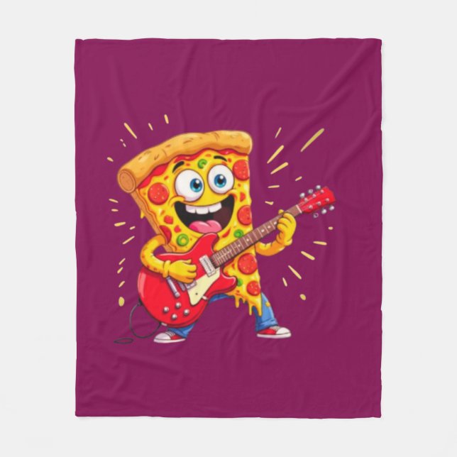 **Rock ’n’ Roll Pizza – Funny Guitar-Playing Slice Fleece Blanket (Front)