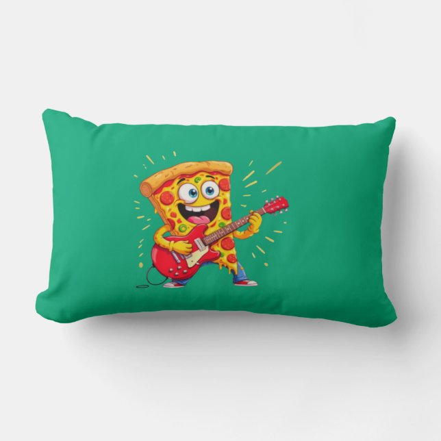 **Rock ’n’ Roll Pizza – Funny Guitar-Playing Slice Lumbar Cushion (Front)