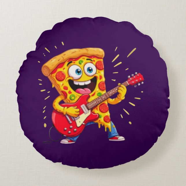 **Rock ’n’ Roll Pizza – Funny Guitar-Playing Slice Round Cushion (Front)