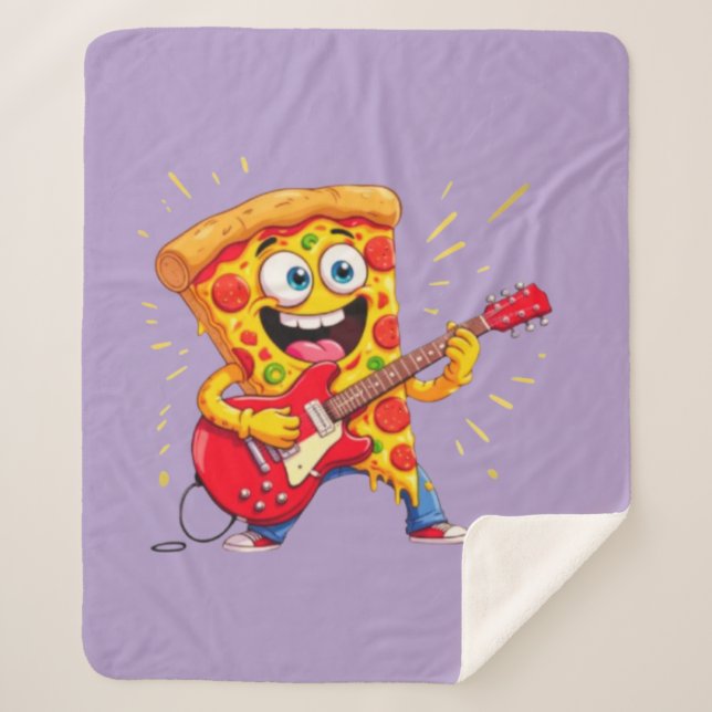 **Rock ’n’ Roll Pizza – Funny Guitar-Playing Slice Sherpa Blanket (Front)