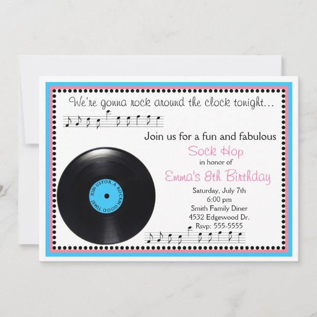 Rock N Roll Sock Hop 1950's Birthday Invitation (Front)