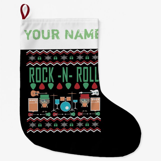 Rock N Roll Ugly Christmas Sweater Style Large Christmas Stocking (Front)