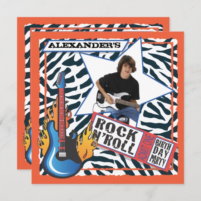 Rock N'Roll Rock Star Birthday Party Invitations (Front/Back)