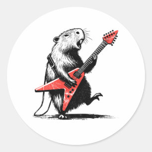 Rock On Capybara Shredding Electric Guitar Classic Round Sticker