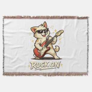 Rock On Guitar Dog Funny Rock Music Throw Blanket
