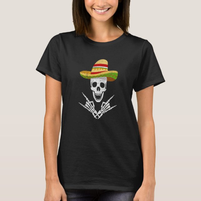 Rock On Mexican Skeleton Sombrero Dia De Los Muert T-Shirt (Front)
