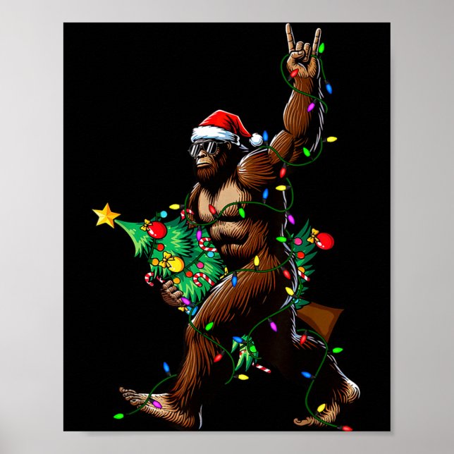 Rock On Santa Bigfoot Christmas Tree Xmas Lights S Poster (Front)