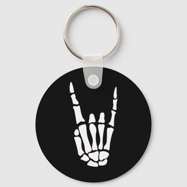 Rock On Skeleton Hand Sign - Minimalistic Hallowee Key Ring (Front)