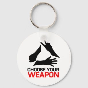 Rock, Paper, Scissors, Choose Your weapon Key Ring