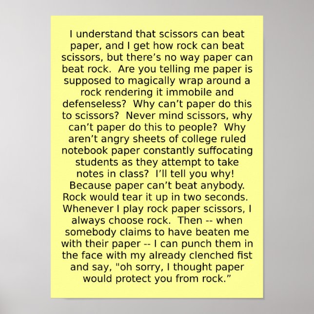 Rock Paper Scissors Debate Funny Poster Sign (Front)