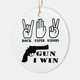 Rock Paper Scissors Gun I Win Ceramic Tree Decoration