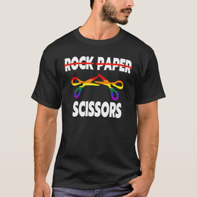 Rock Paper Scissors Lesbian Pride Rainbow LGBT Fun T-Shirt (Front)