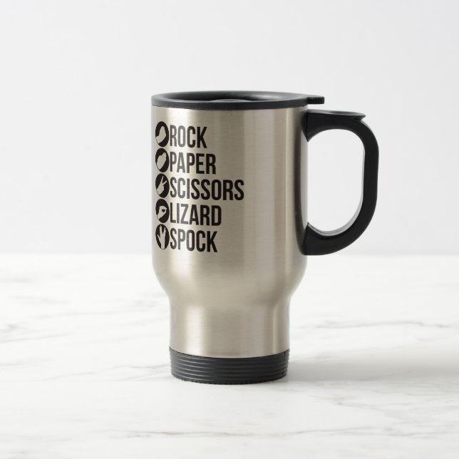Rock, Paper, Scissors, Lizard, Spock and Rules Travel Mug (Right)