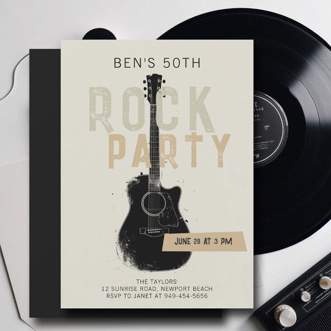 Rock Party Black Guitar Adult Modern Fun Birthday Invitation (music fest rock adult birthday party invitation men modern fun black electric guitar musician)