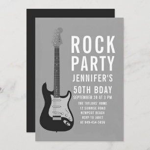 Rock Party Guitar BW Adult Modern Fun Birthday Invitation