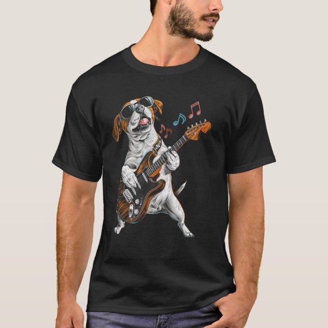 Rock Pointer Dog Playing Guitar Funny Guitar Point T-Shirt (Front)