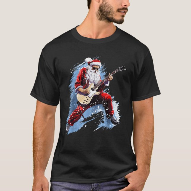 Rock Roll Christmas Music Santa Claus Guitar Playe T-Shirt (Front)
