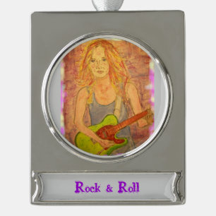 Rock & Roll Girl Silver Plated Banner Ornament