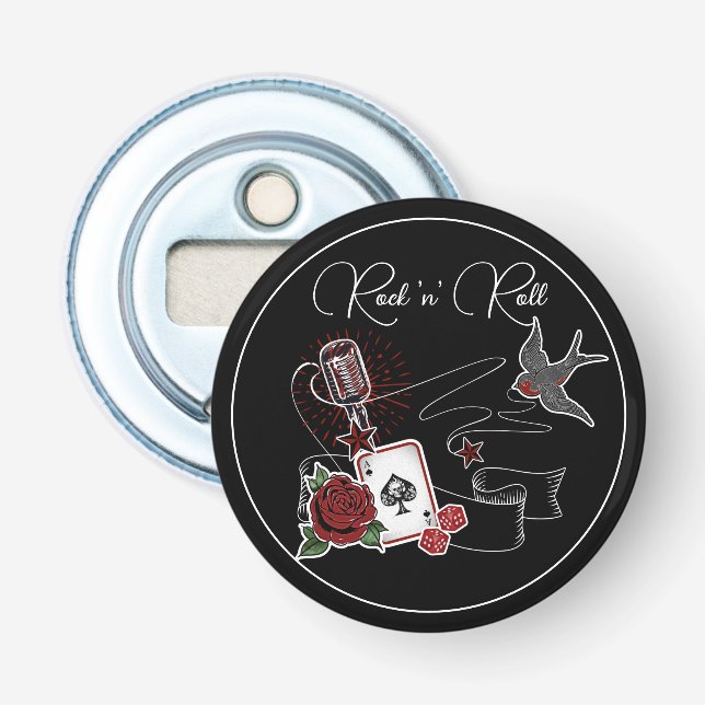 Rock & Roll Music Rockabilly Tattoo Microphone Bottle Opener (Front)