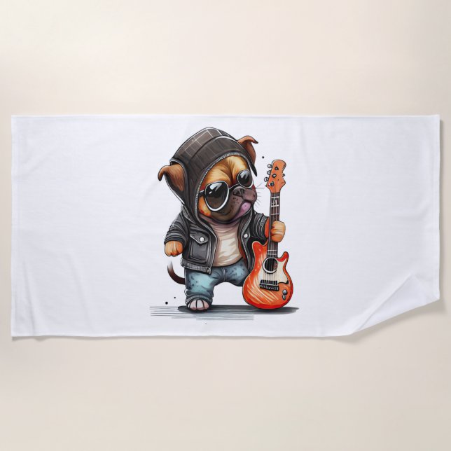 Rock  Roll Puppy Dog (Three)   Beach Towel (Front)