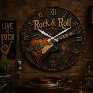 Rock & Roll Vintage Electric Guitar Music Room Large Clock