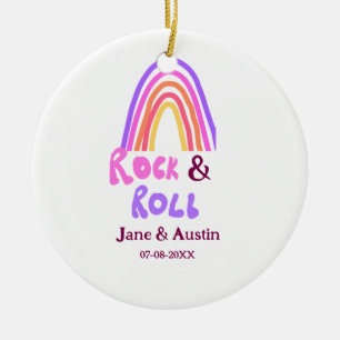 Rock & roll wedding add couple name retro rainbow ceramic ornament