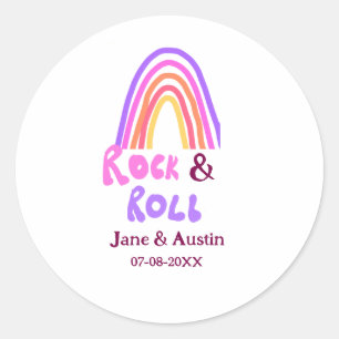 Rock & roll wedding add couple name retro rainbow classic round sticker