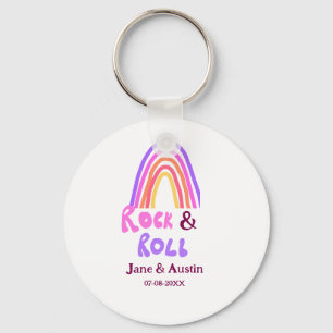 Rock & roll wedding add couple name retro rainbow key ring