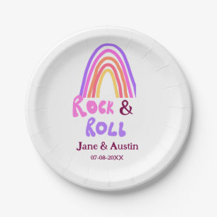 Rock & roll wedding add couple name retro rainbow paper plate
