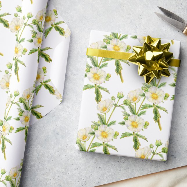 Rock rose art floral white green wildflower wrapping paper (Creator Uploaded)