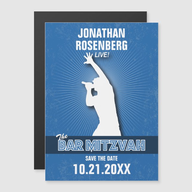 Rock Star Bar Mitzvah Save the Date in Blue Magnetic Invitation (Front/Back)