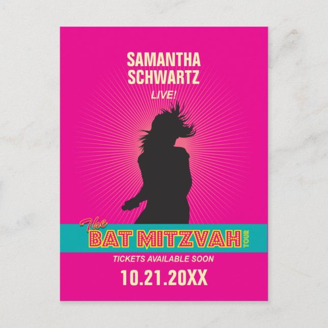 Rock Star Bat Mitzvah Save the Date in Hot Pink Announcement Postcard (Front)