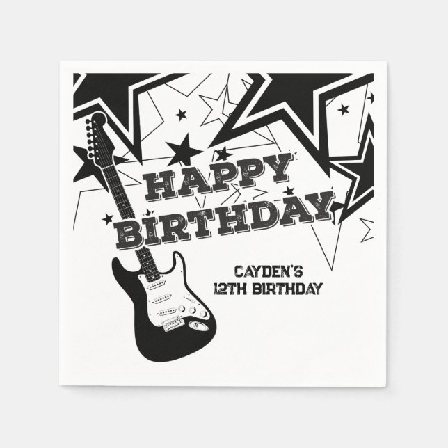Rock Star Birthday Guitar Black White Stars Napkin (Front)