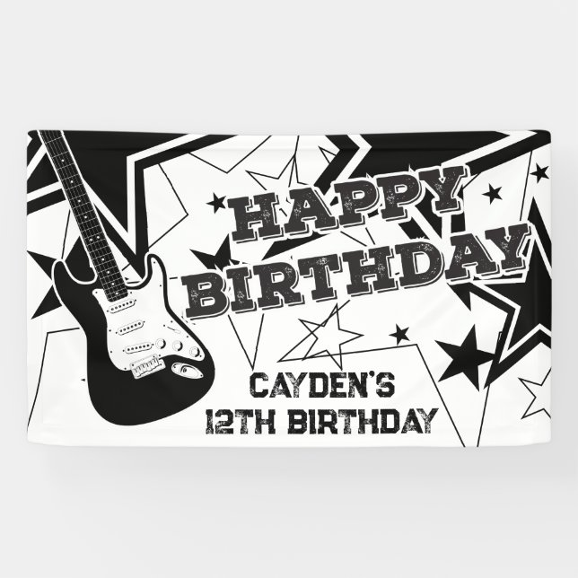 Rock Star Birthday Guitar Stars Black and White Banner (Horizontal)