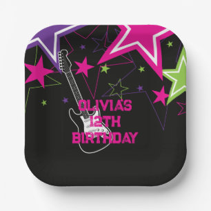 Rock Star Birthday Guitar Stars Pink Purple Paper Plate