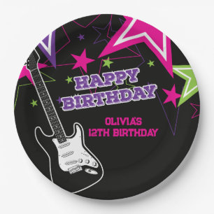 Rock Star Birthday Guitar Stars Pink Purple Paper Plate
