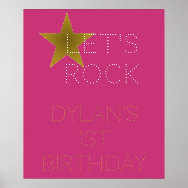Rock Star Birthday Party Welcome Poster Pink Gold (Front)