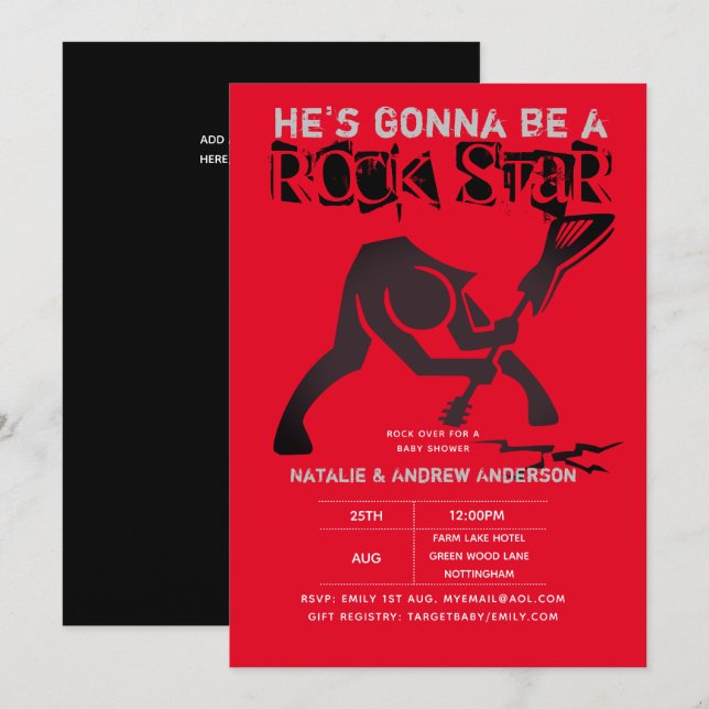 ROCK STAR BOYS Baby Shower Red Black Modern Guitar Invitation (Front/Back)