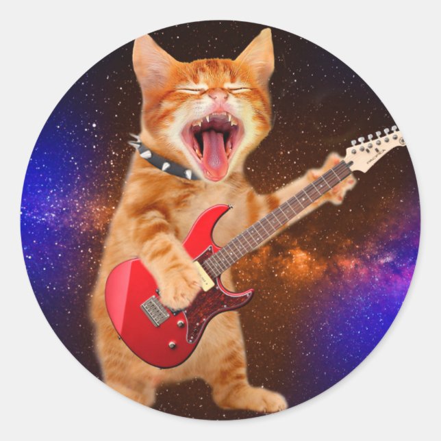 Rock star cat classic round sticker (Front)