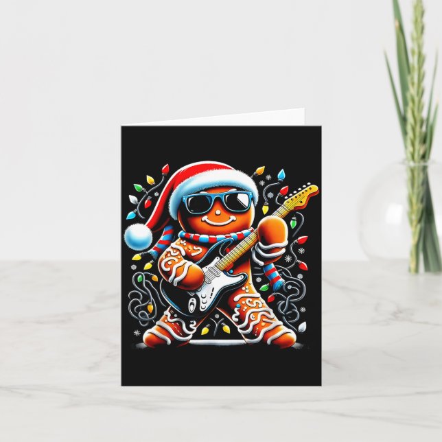 Rock Star Gingerbread Christmas Guitar Lights Men  Card (Front)