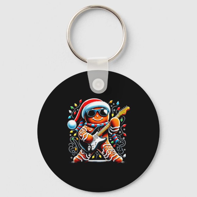 Rock Star Gingerbread Christmas Guitar Lights Men  Key Ring (Front)
