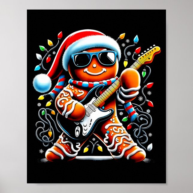 Rock Star Gingerbread Christmas Guitar Lights Men  Poster (Front)