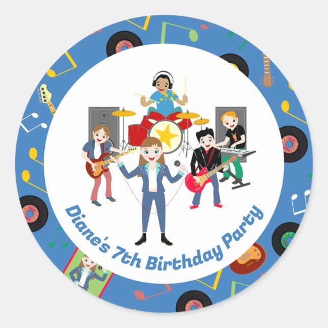 Rock Star Girl Band Birthday Party Classic Round Sticker (Front)